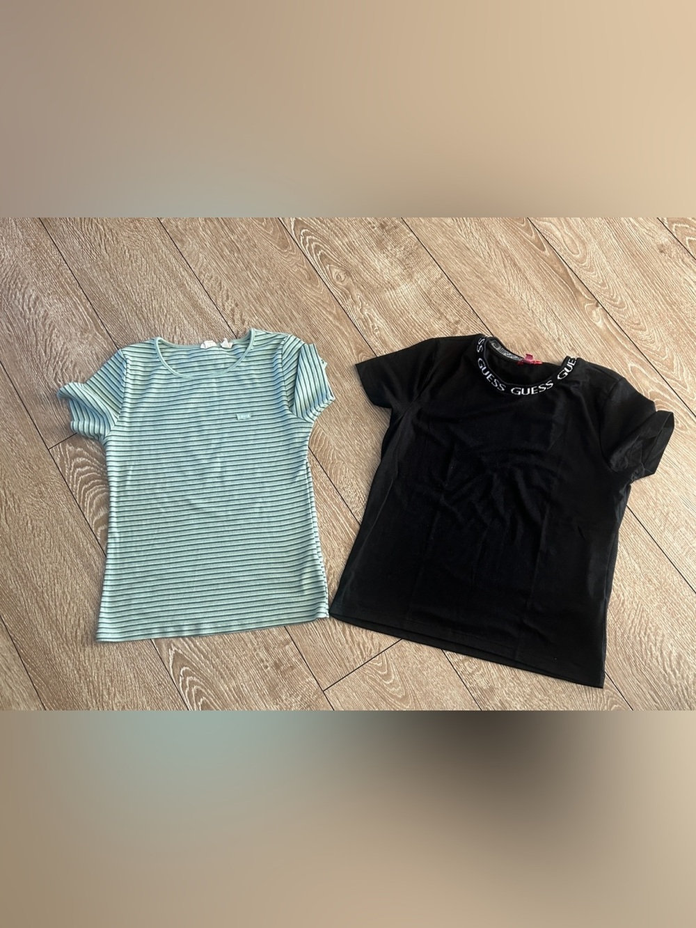 Guess Black Logo Tee and Mint Striped Short Sleeve Tops ..bundle